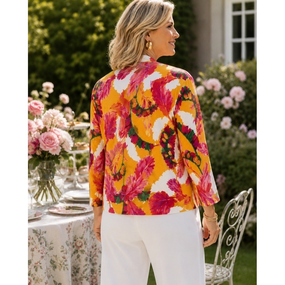 Chicos 4-6 Summer Romance Foliage Topper Cardigan Open Front Light Mango Ice NWT - Picture 2 of 8